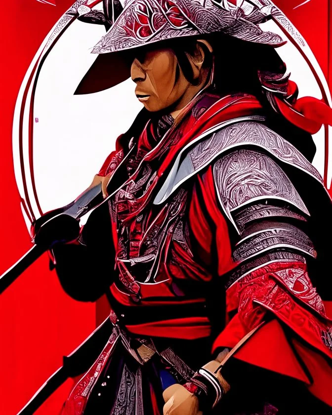 Samurai warrior centered | symmetrical | key visual | intricate | highly detailed | iconic | precise lineart | vibrant | comprehensive cinematic | alphonse mucha style illustration | very high resolution | sharp focus | poster | no watermarks red and silver color full body