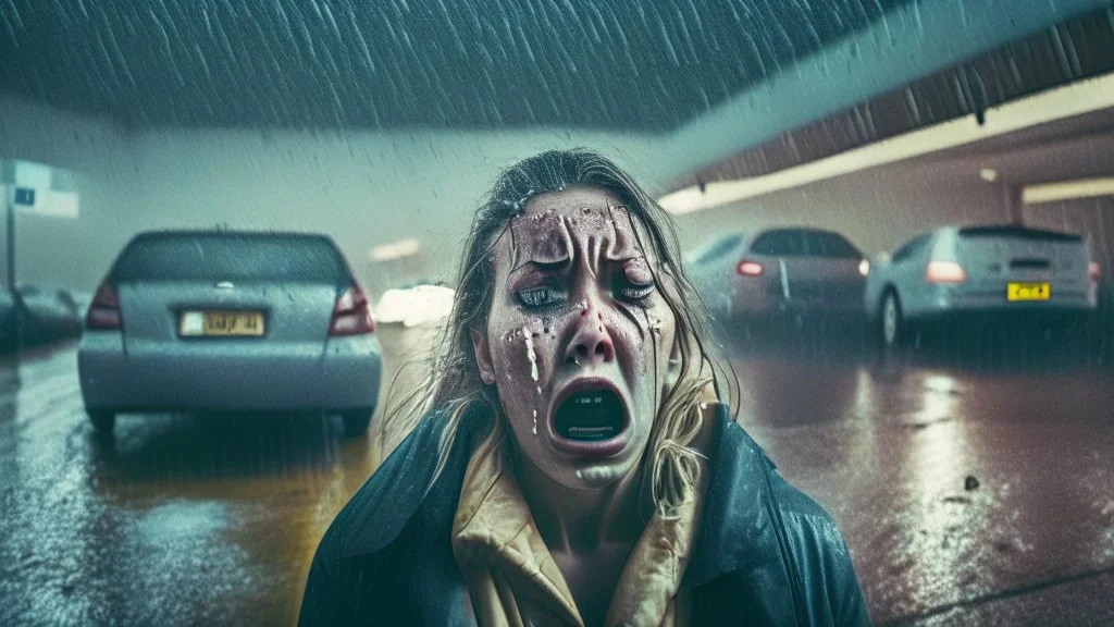 wide angle shot of crying woman leaving hotel parking lot