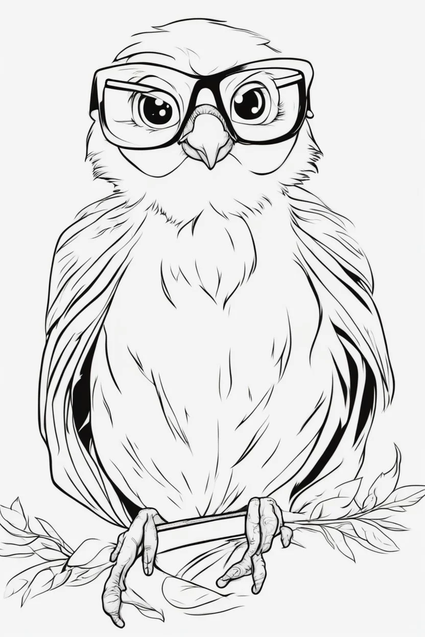 Outline art for cute coloring pages with bird with glasses, full body, white background, sketch style, only use outline, clean line art, no shadows and clear and well outlined.