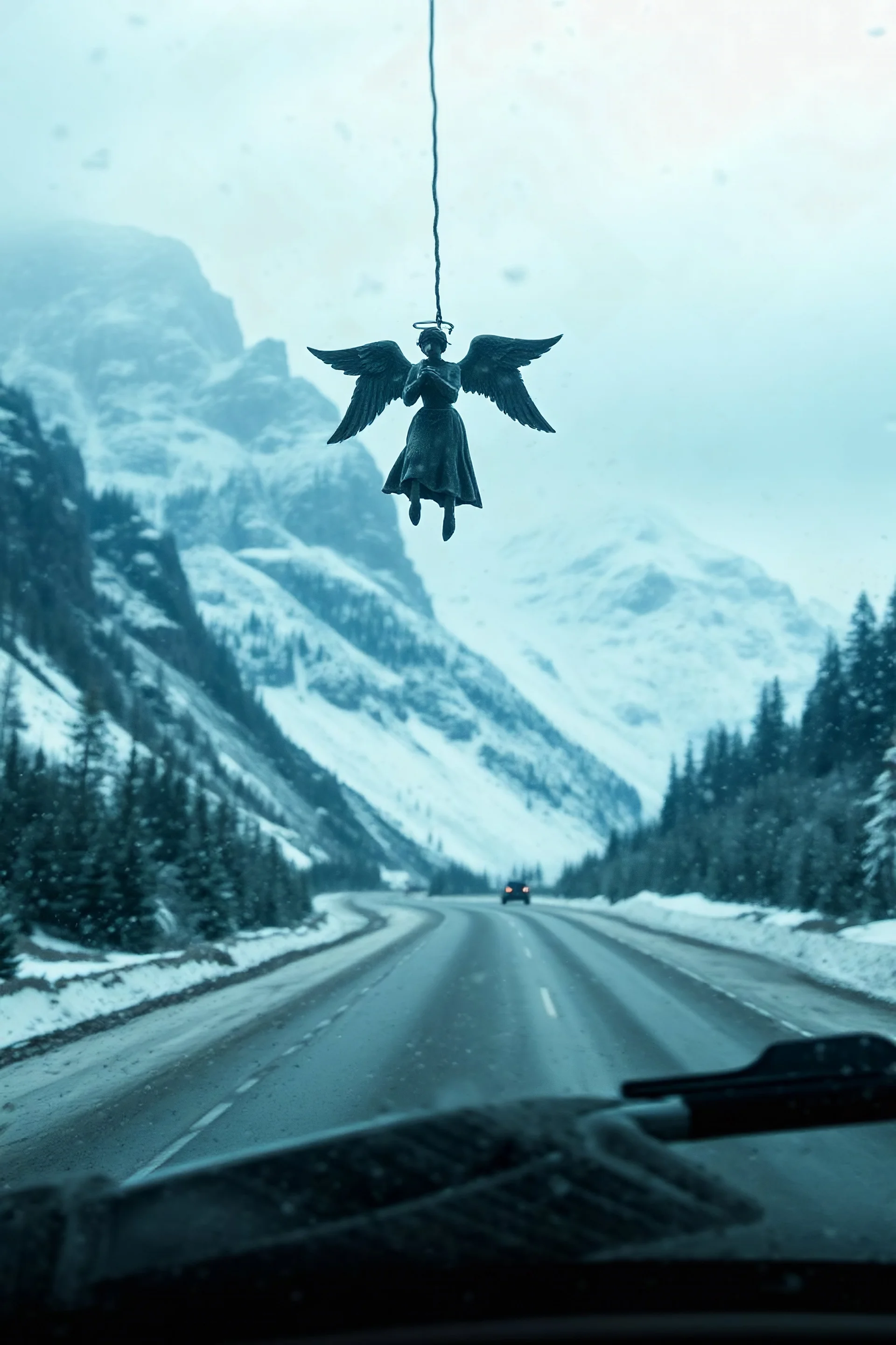 surreal mountain road seen through a dirty truck front window, dirty blue snow and wind, angel hanging