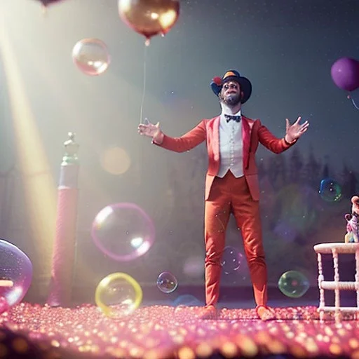 Ultra realistic circus scene. dancer man, waist up view, Wes Anderson style, happy, bubbles, confeti, lsd ambient, highly detailed, concept art, unreal engine 5, god rays, ray tracing, RTX, lumen lighting, ultra detail, volumetric lighting, 3d, finely drawn, high definition, high resolution.