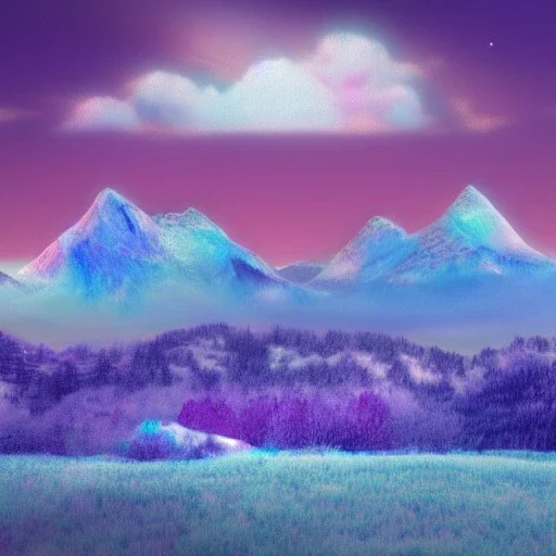 Claymation mountain skyline,Rudolph the red noise reindeer, beautiful, pastel blues and purples, white, aurealis borealis, night, moo