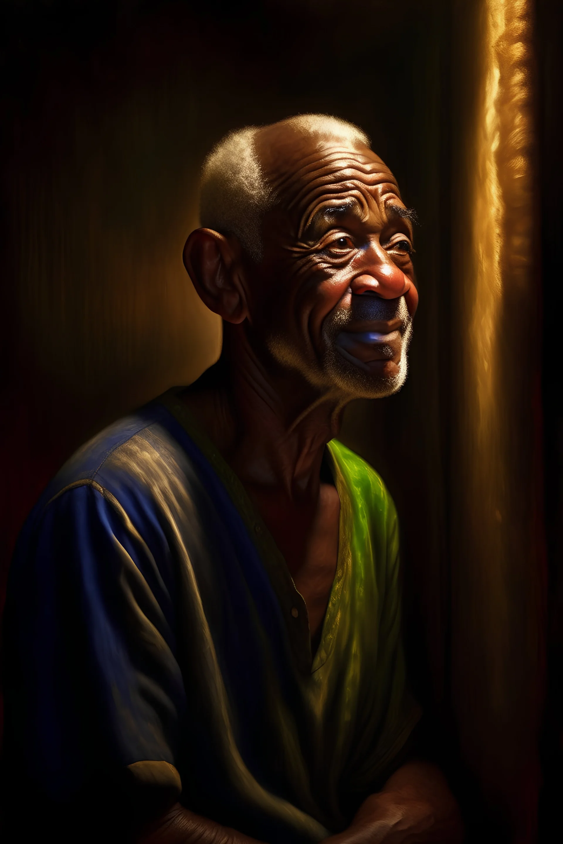 a painting of a hairless, thoughtful, focused, visionary, calm, jovial, loving, fatherly, generous, elegant well-fed old man with few eyebrows and his from Kenya by Henry Ossawa Tanner. dramatic angle, ethereal lighting, details, smooth, sharp focus, illustration, realistic, cinematic, art station, award winning, rgb, unreal engine, octane rendering, cinematic light, macro, depth of field, blur, red light and clouds in the background , CG rendering of highly detailed epic cinematic concept art d