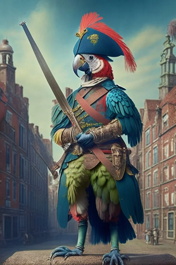 Half parrot half human in a 1700s Dutch military uniform holding a sword next to a Dutch city