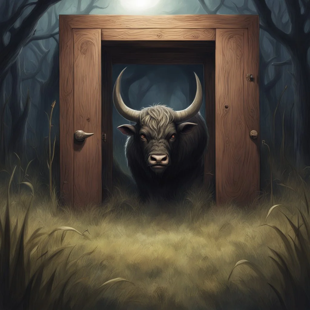 High concept art, horror movie aesthetic in the spirit of "Pan's Labrynth", (no text), fine digital illustration, in an empty field of knee-high grass is a wooden doorway revealing a portal of brilliant light, guarding doorway is a fearsome minitour holding an axe who has a television set on his head broadcasting a picture of a bull head, sinister, concept art, oddball masterpiece, sfumato, complex contrast, by Stephen Gammell