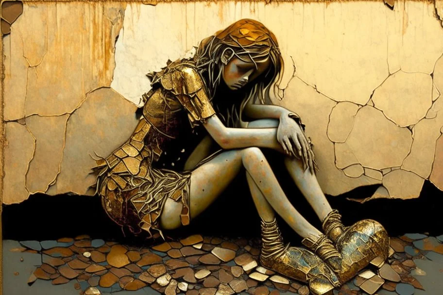 A sad and broken beautiful young woman is sitting on a stone holding a broken metal heart in her hands; perfect anatomically correct hands, perfect anatomically correct feet, mixed media collage, textured, layered, assemblage, inspired by Brian Viveros and Esao Andrews, elements of kintsugi on the edges of the heart with a gold and oxidized copper patina, backdrop of tumbleweeds and cacti interspersed with delicate flowers and subtle bokeh effects, the entire composition exuding an aura of grief