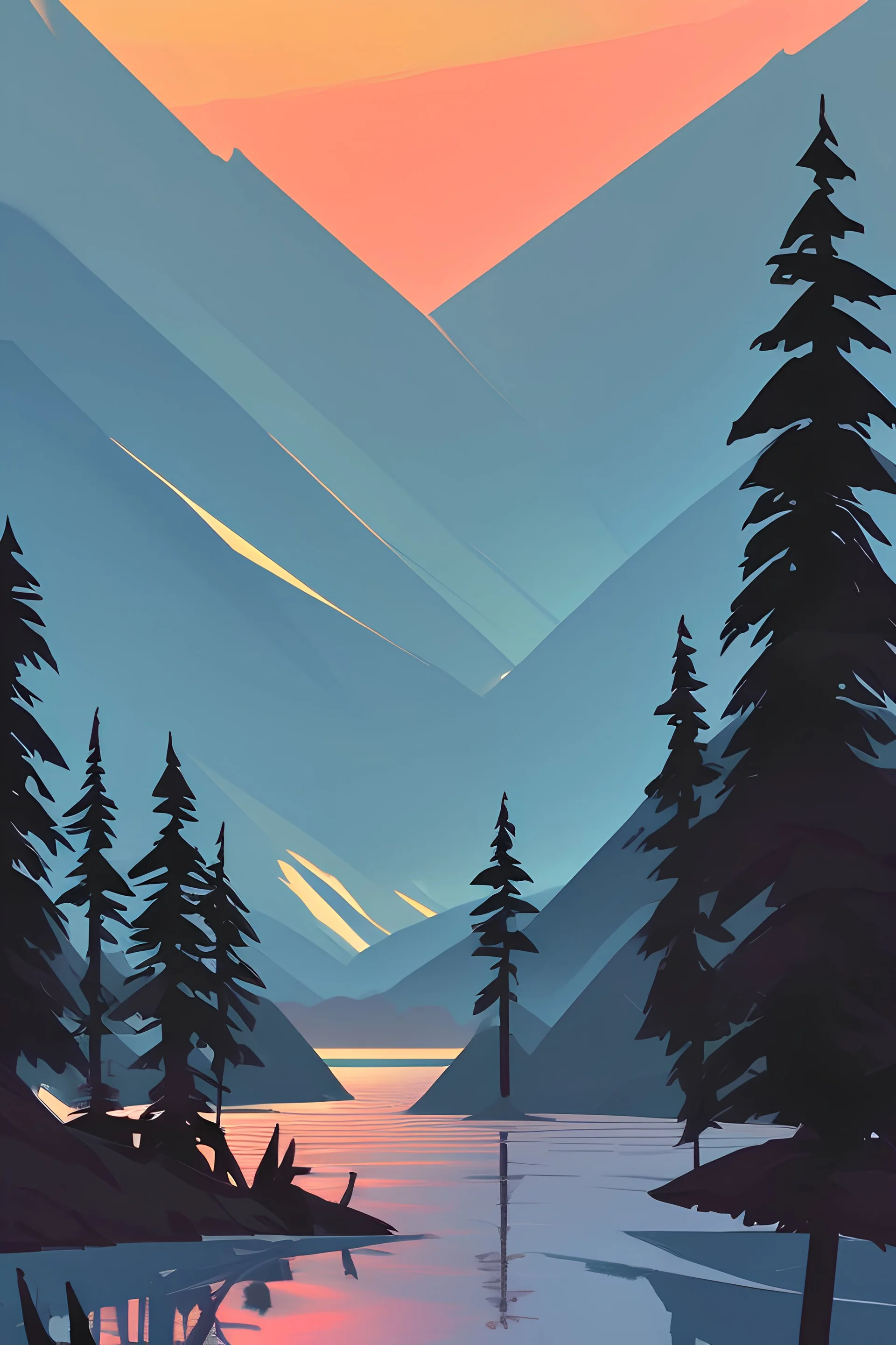 Stylized image of a forest, near a serene lake and mountains in the background at sunrise