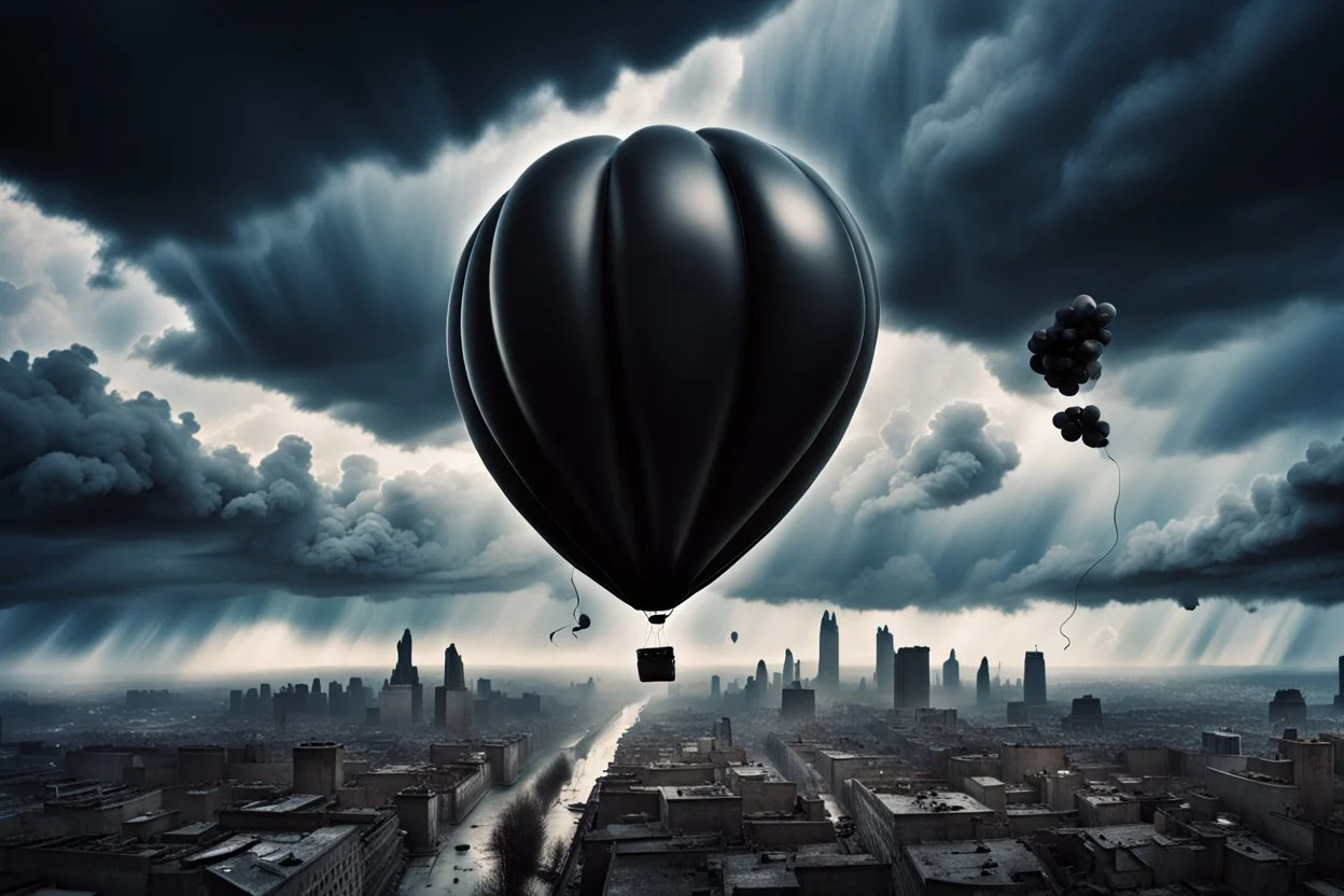 one bursts big black party balloon on sky, high realistic, storm, gloomy, surreal, little city, ruins, professional photo, cinematic, utopistic
