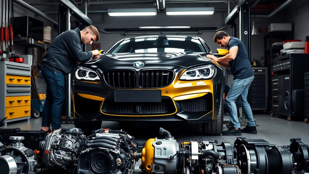 A car repair shop where two people are repairing a black and yellow BMW M6 series with an eye-catching theme in a sophisticated and special repair shop where at the bottom of the image a collection of car engine parts is arranged on the floor