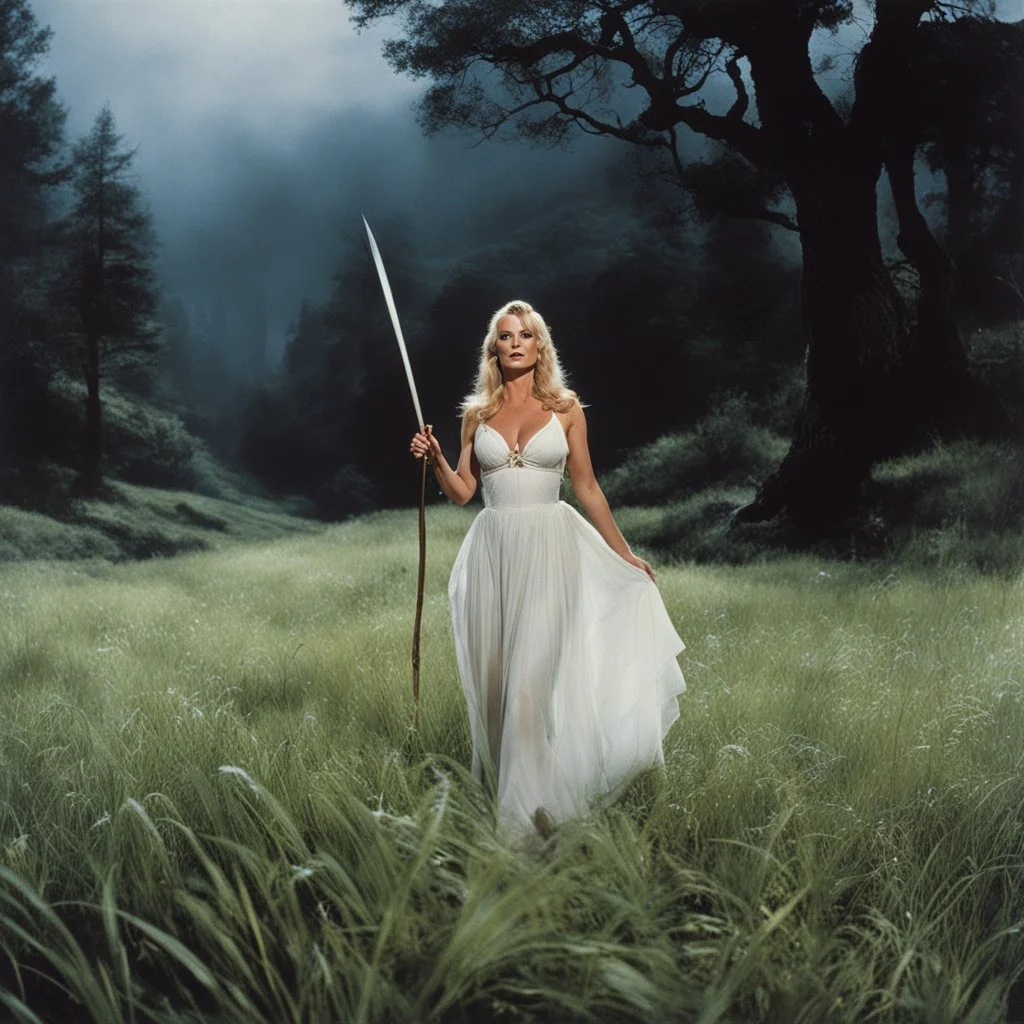 [Jason and the Argonauts (1963)] Stormy Daniels as a witch, resplendent in her ethereal form, standing amidst a lush meadow. As she graces the Earth with her presence, the grass beneath her bare feet shivers with mystical energy.From the smallest blades of grass to the towering trees, each living entity joins in a symphony of praise for the Earth. The flowers burst forth in vibrant colors, their petals unfurling like delicate brushstrokes upon nature's canvas. Inspired by the words of the transl