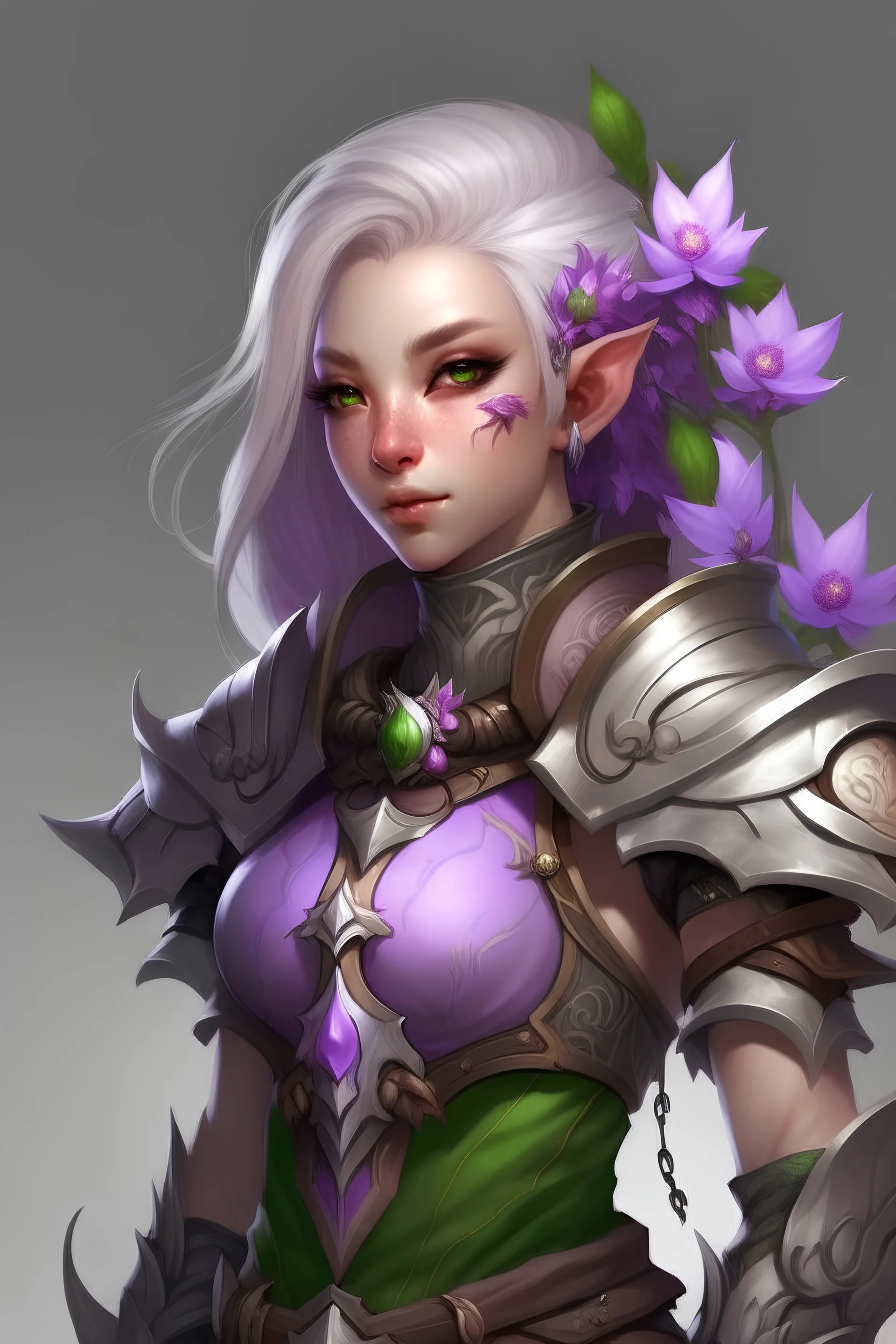 character art of female elf with purple and pink flowers in hair wearing scalemail silver armor