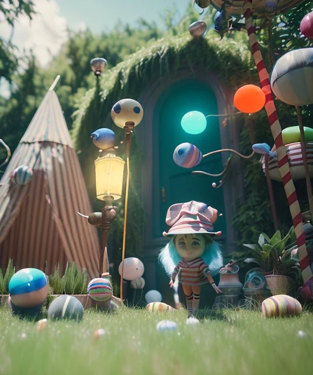 Wes Anderson photographer, Ultra realistic garden scene, wide angle view, teenager playing with feather pillows and inflatable monsters, circus dress style, feather color, free jumping, many trinkets, hair monster, many jelly beans, balls, smile, extreme, wind, soft color, highly detailed, unreal engine 5, ray tracing, RTX, lumen lighting, ultra detail, volumetric lighting, 3d, finely drawn, high definition.