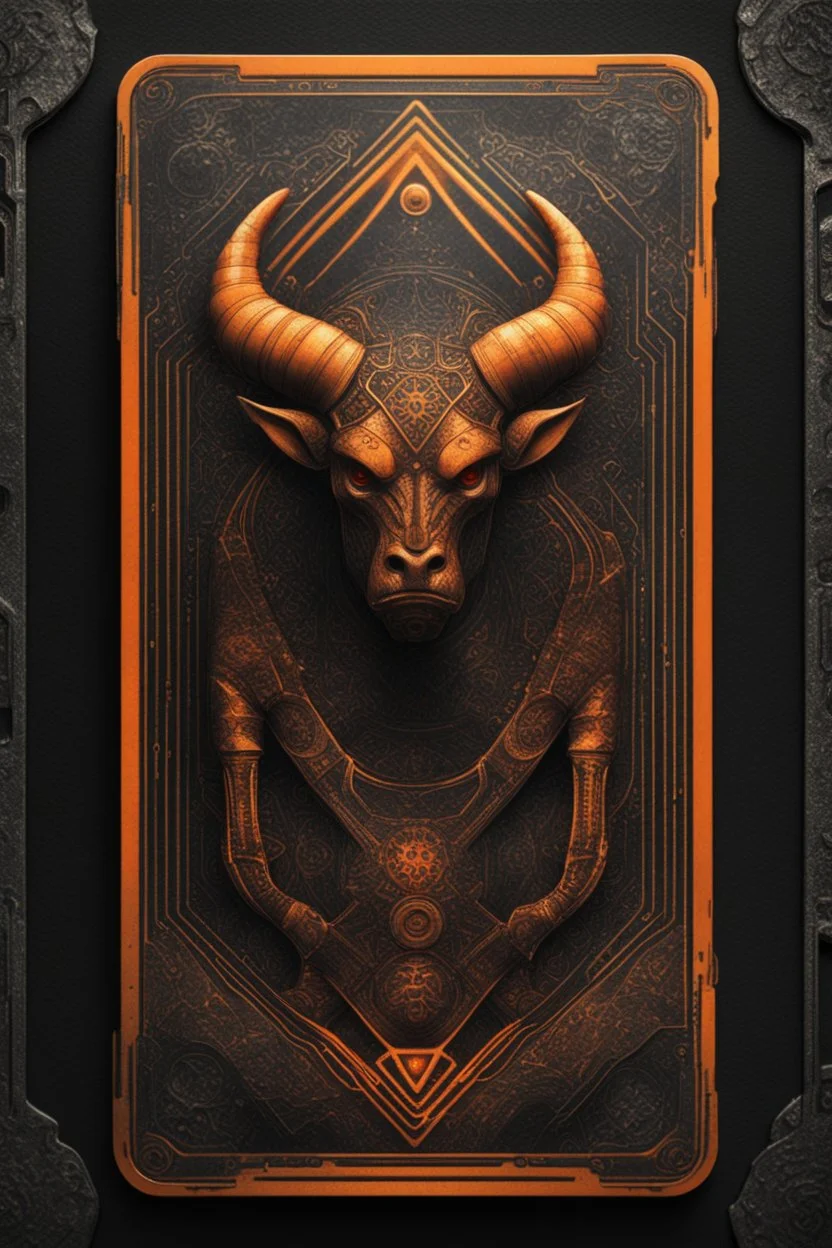 sacred geometry framed playing card, black and orange minotaur with shadows boss card in the style of Giger and fallout 4 ,,bokeh like f/0.8, tilt-shift lens 8k, high detail, smooth render, down-light, unreal engine