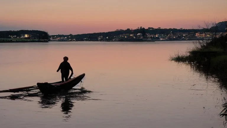 evening calm atmosphere, lake + moon, figure of a horse rider on the horizon