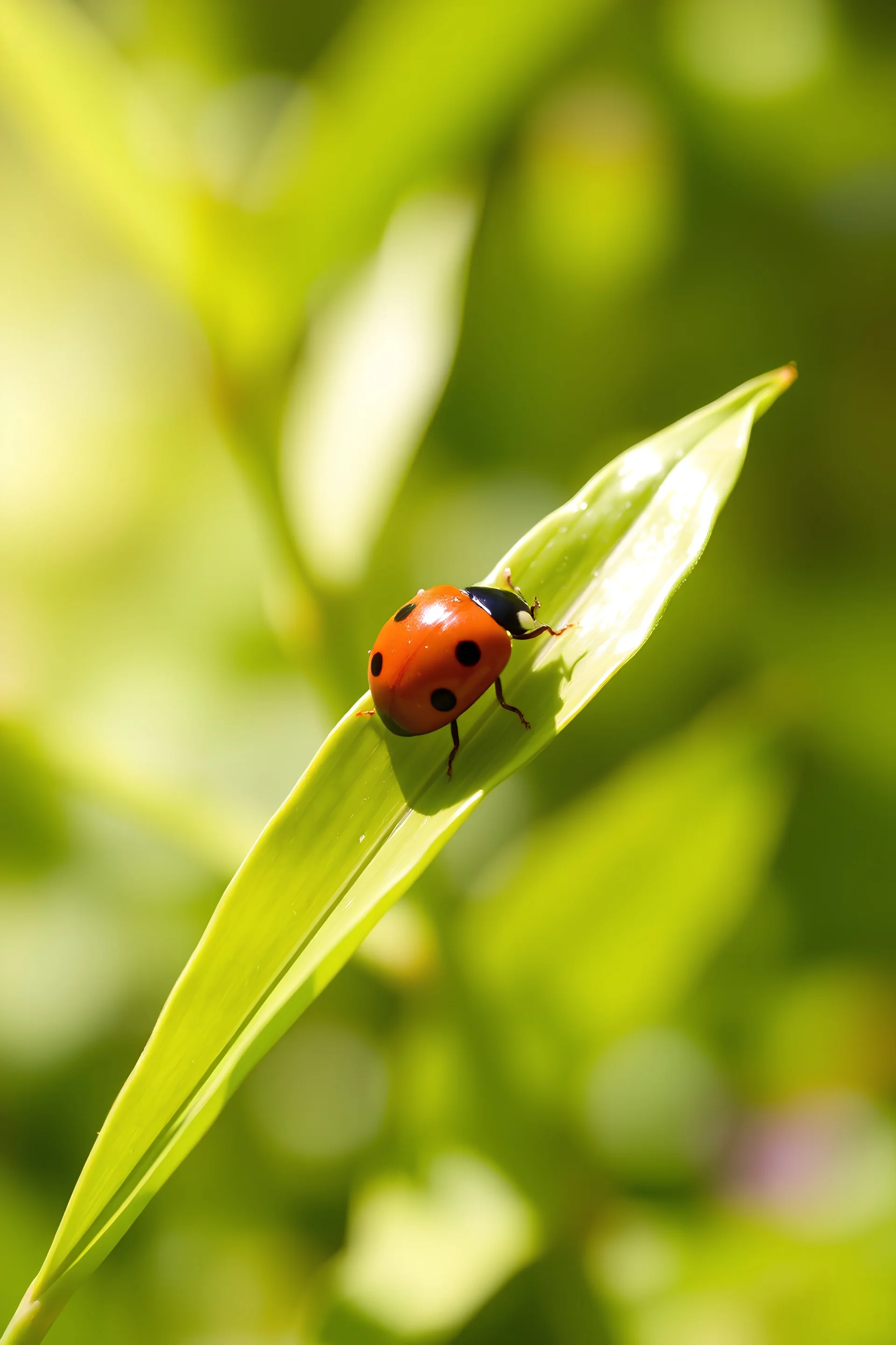 A ladybug without spots on a leaf in the sun