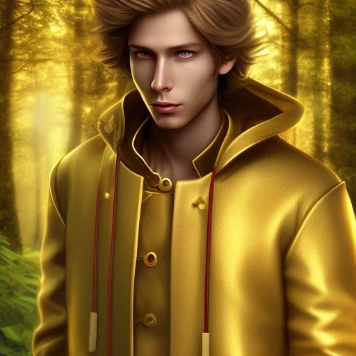 Male, Human, Blond, Sorcerer, Fire Mage, Golden Eyes, Young, Photorealism, Full Body Shot, Forest Background