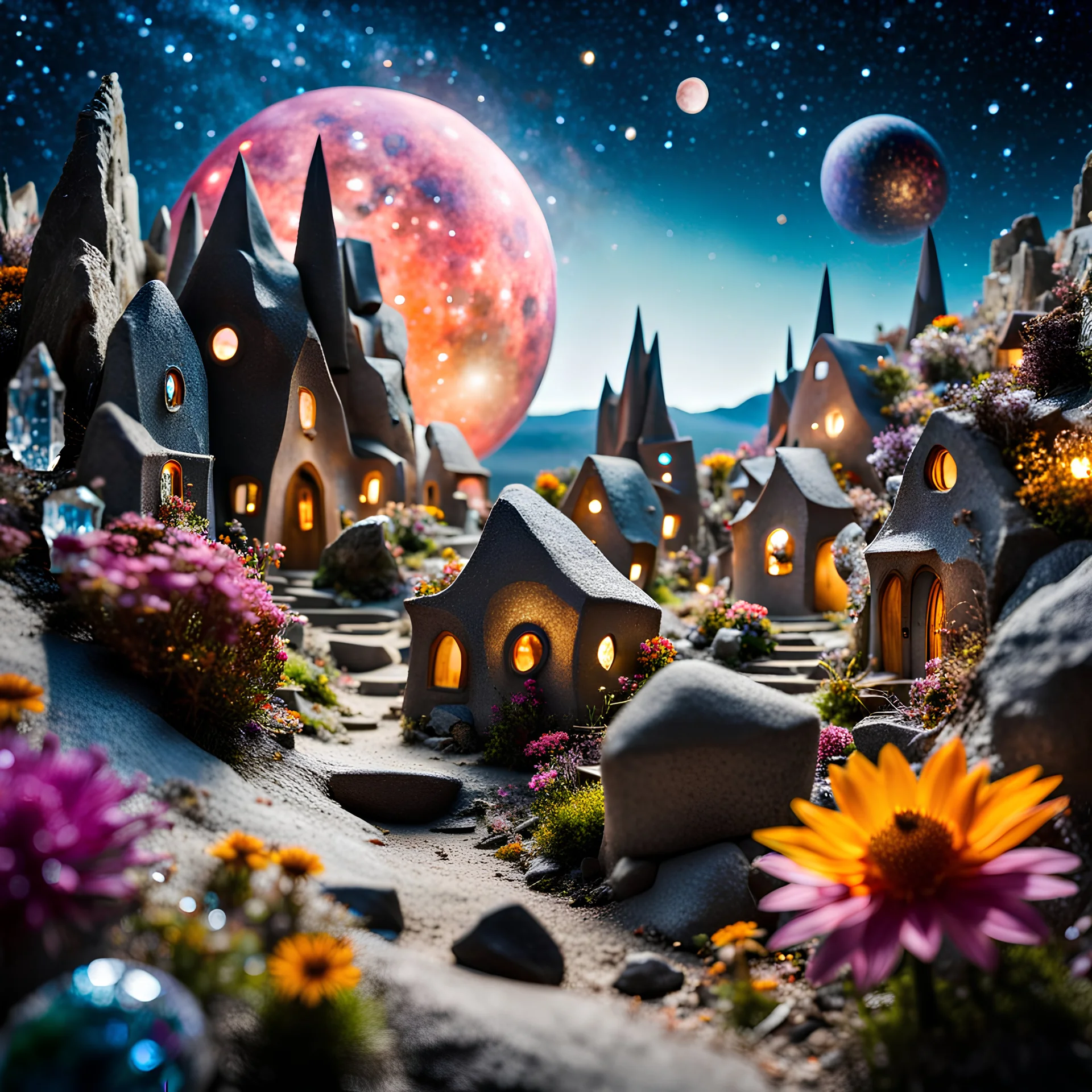 Close-up photograph of a village, naïve, people, flowers, houses, rock formations, stars and planets, animals, crystals, mineral concretions, extreme detail, intricate, volumetric light, colours, Tim Burton, Max Ernst, Yves Tanguy, sparkles, bokeh