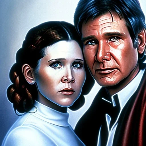 old carrie fisher embracing harrison ford, waist up portrait, photorealistic faces, intricate, oil on canvas, masterpiece, expert, insanely detailed, 4k resolution, cinematic smooth, intricate detail , soft smooth lighting, soft pastel colors,