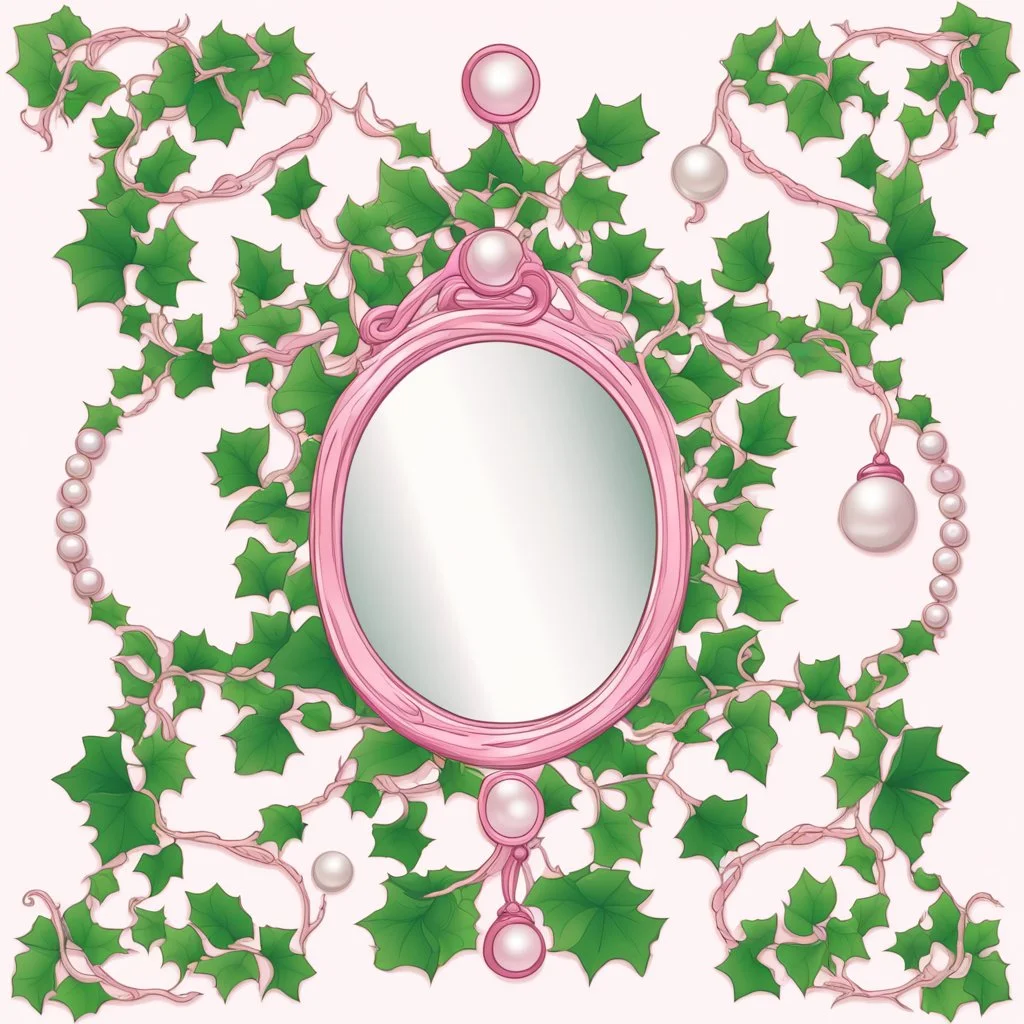 Create an Artwork of a Mirror with ivy branches and pearls necklace, Like a creative Logo for a Varasity Jacket to put a random number uin it, Vector illustration. Colors should be pink and green