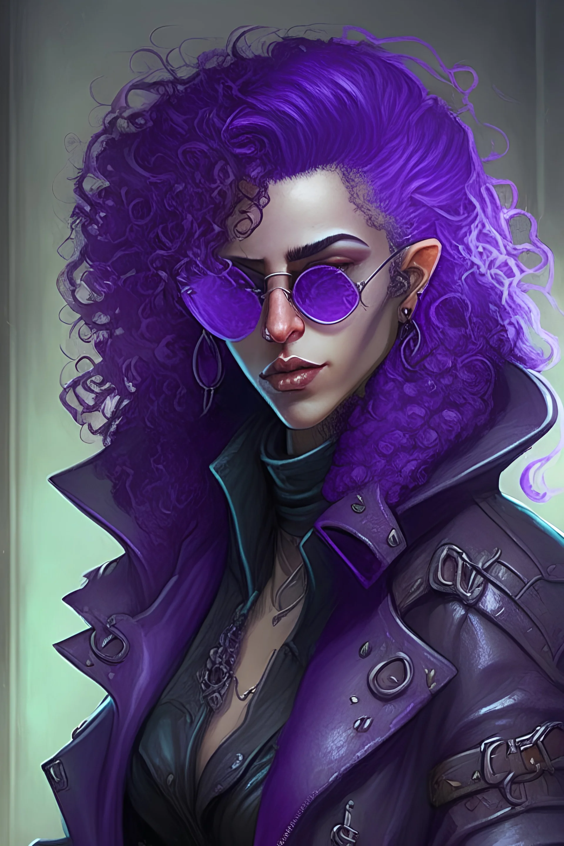 A young female elven mage with curly purple hair, sunglasses and a black leather coat from Shadowrun