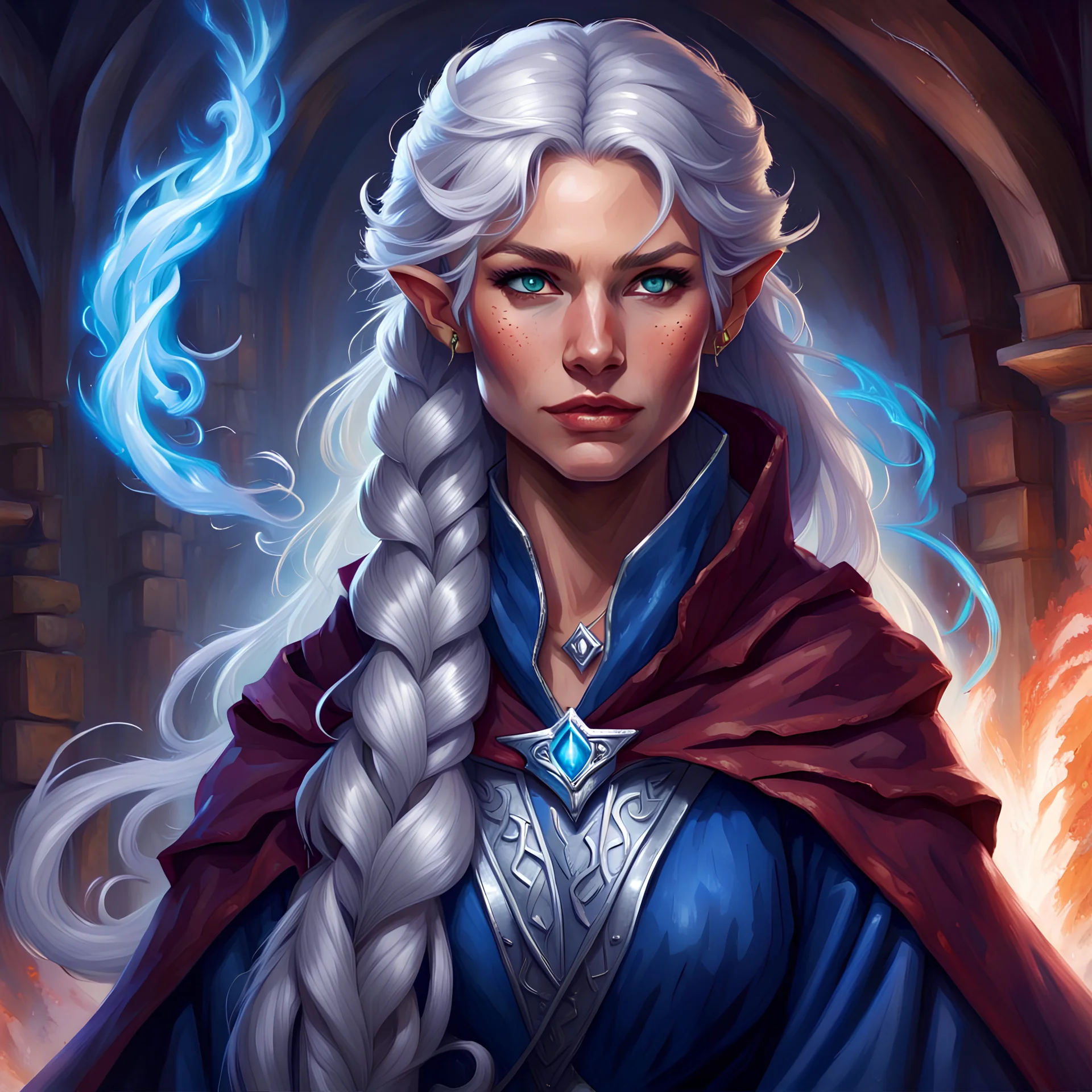dungeons & dragons; portrait; female; sorcerer; dragonic bloodline; silver hair; braids; blue eyes eyes; cloak; flowing robes; proud, confident
