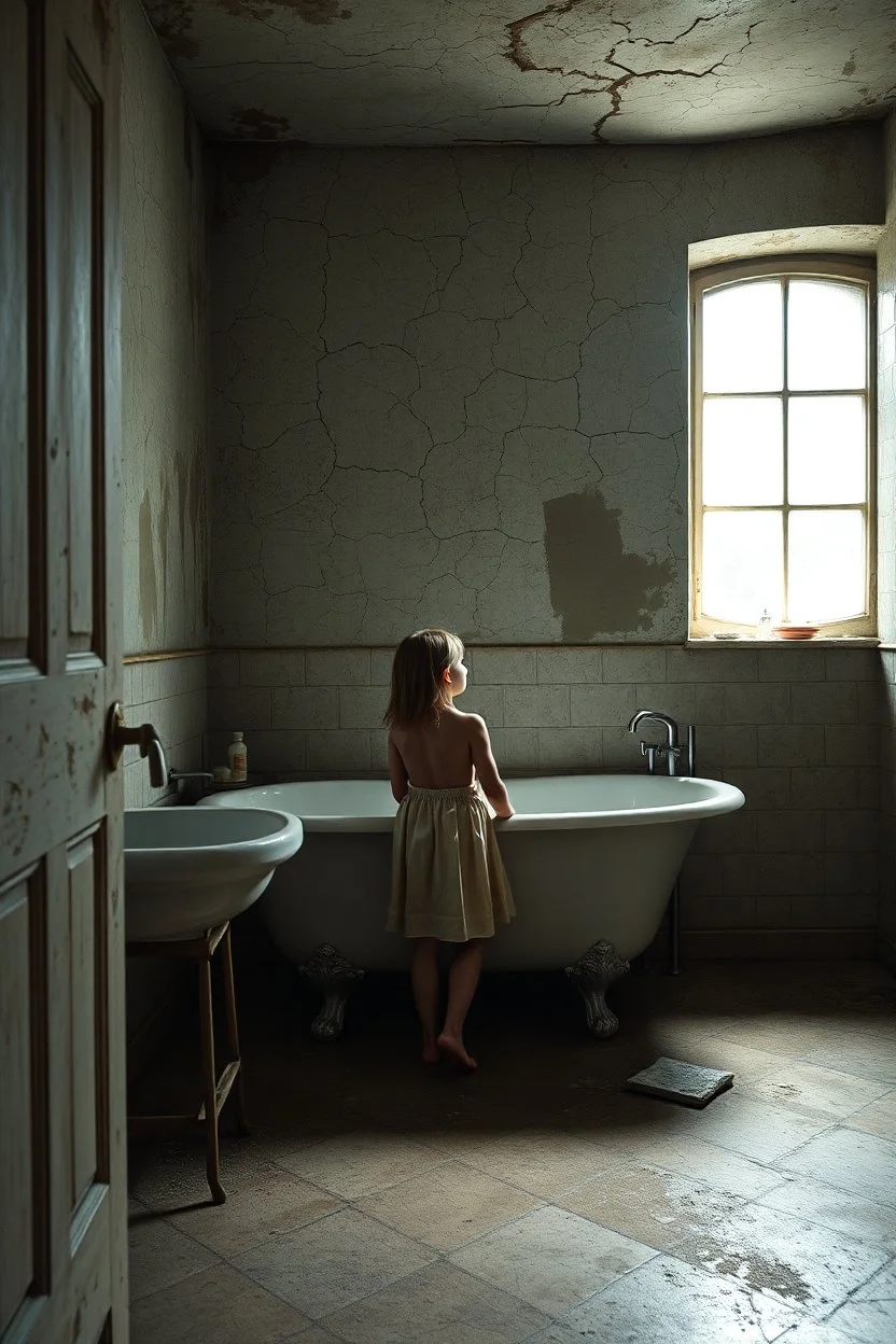 "A very old paints cracked abandoned bathroom , a girl standing ready to take a bath in the tub , insanely detailed octane render trending on artstation, 8k artistic photography, photorealistic concept art, soft natural volumetric cinematic perfect light, chiaroscuro, award-winning photograph, masterpiece, oil on canvas, Raphael, Caravaggio, Greg Rutkowski, people, beksinski, Giger
