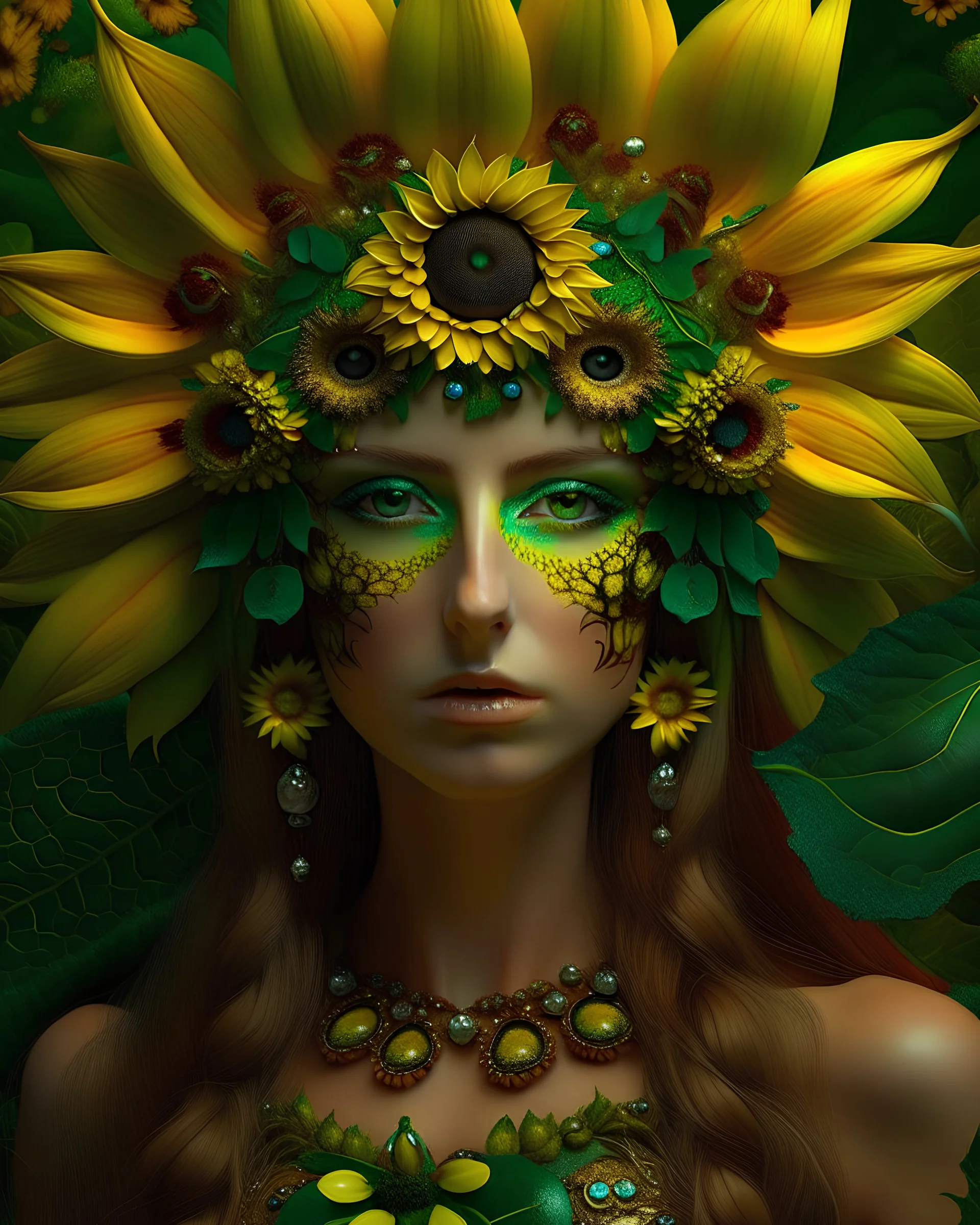 Beautiful woman portrait venetian sunflower masqued rococo woman portrait , adorned with sunflower and sunflower seeds headdress and green floral and white flower Forest flowers and botanical metallic golden filigree gothica palimpsest rainy headdress wearing sunflower ans sunflower seed ribbed with botanical floral embossed art nouveau palimsest white and berry red and green style costume armour and sunflower and sunflower seed yellow mineral stones quartz pearl art and grey and black quartz