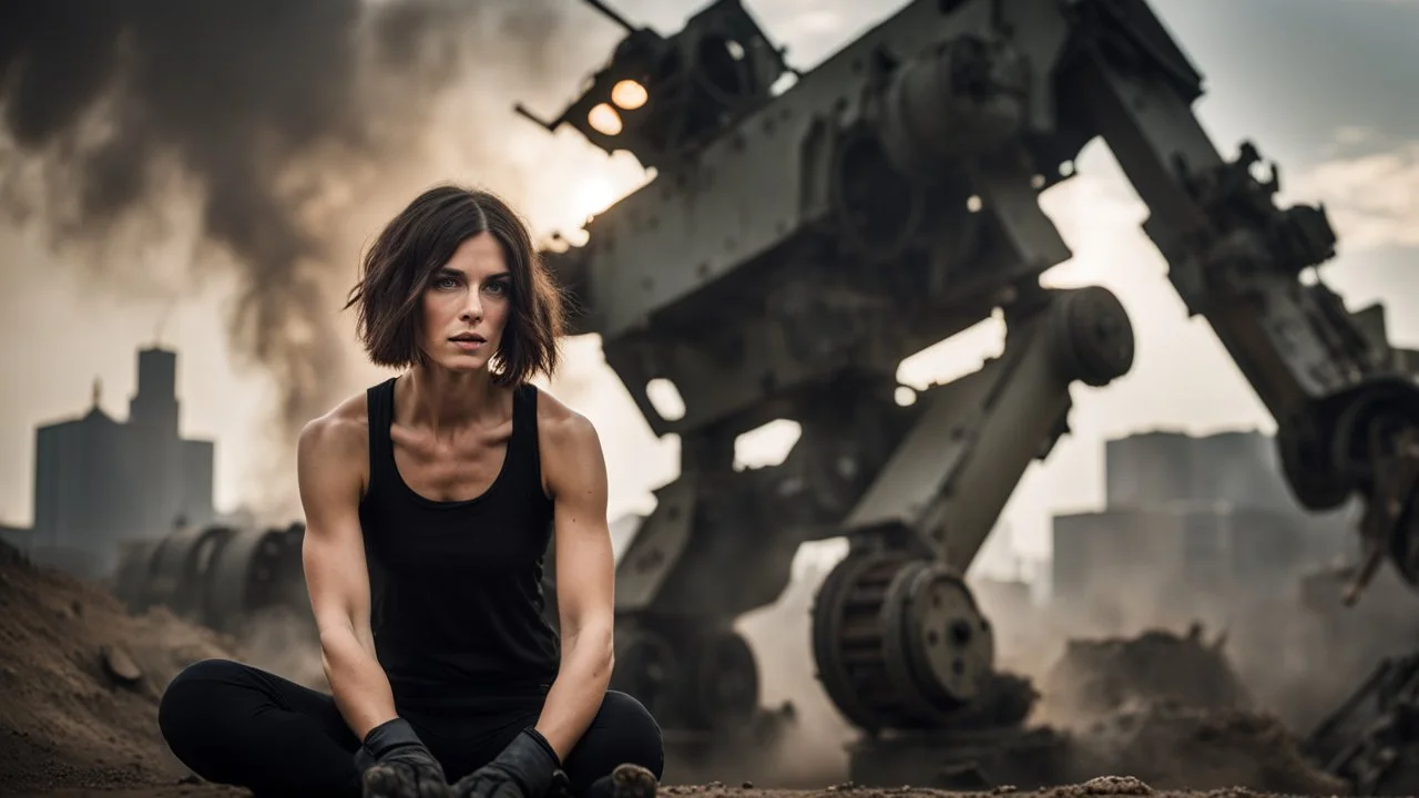 beautiful slender caucasian female technician with a knife, black tank top, well toned muscles, weathered face, scratched sand camo metal details, short brunette wavy bob haircut, dystopian, postapocalyptic city scene with smoke and explosions. giant robot in the background