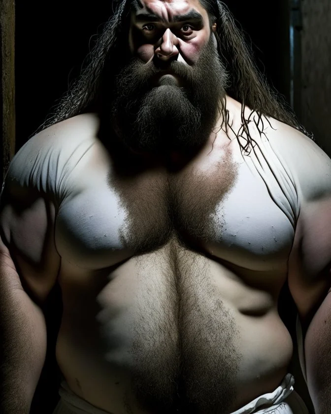 full figure shot photography of a burly chubby turkish prisoner , 55 years old shirtless in white dirty pants, long beard, long hair , in a dark prison, dirty, ugly, bullneck, muscular, manly chest, shirtless, bulge, misery and poverty, emotive eyes, photorealistic, ultradetailed, 32k, side view from below, dim light