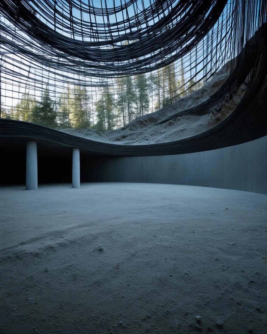 Photograph, a mass of wires, giant museum space, trees, pillars, high walls, high towers in a room, rag, powder, brook, sediments, deflagration of the background, geological formation, light, architecture, minimalist, details of the terrain very accentuated, 8k, deep 3d field, sharp, brutalist, hasselblad h6d400c --ar 85:128 --v 6.0