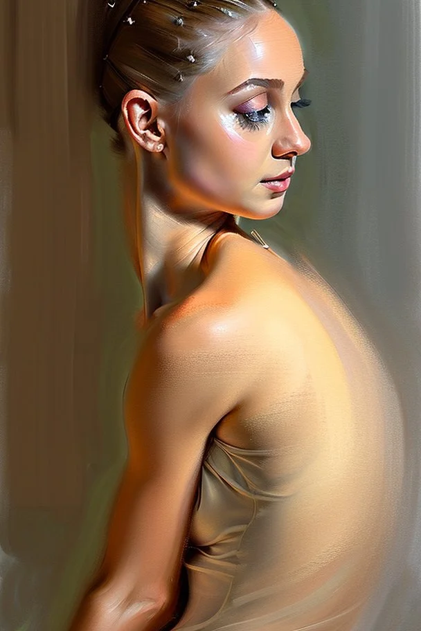 close up realistic portrait of a ballerina, stretching next to a mirror, in impasto style, thick strokes of oil paint, realistic thick textures