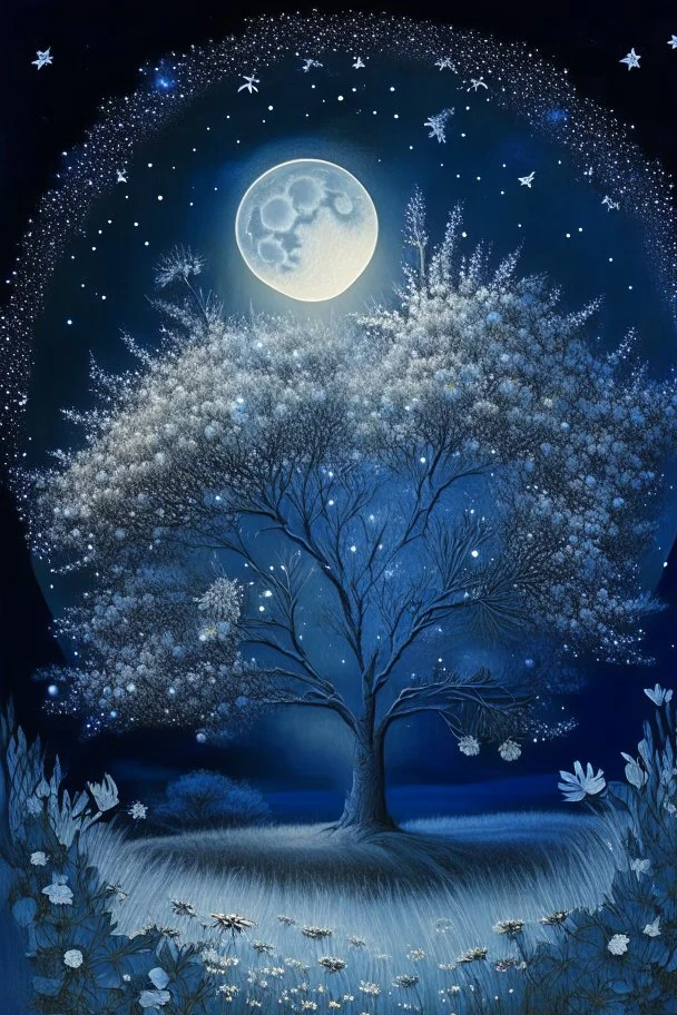 a background of softly blended blues, greys, silvers, and whites with distant, twinkling stars in the sky, an a perfectly round moon casting a soft glow of light on a foreground of a field of various flowers surrounding a tree of life