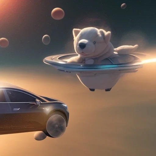 A Tesla Model 3 flying in outer space with a stuffed puppy in the driver’s seat