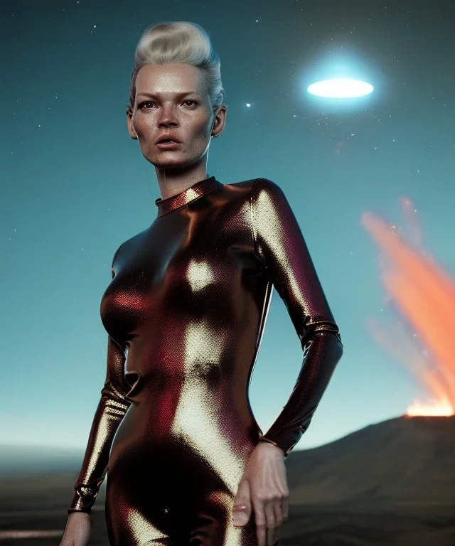 retro sci-fi portrait image from 1980, supermarket parking explosion, fire, scared people, blonde woman walking, sweet Kate moss face, tight latex suit, soft color, highly detailed, unreal engine 5, ray tracing, RTX, lumen lighting, ultra detail, volumetric lighting, 3d, finely drawn, high definition, high resolution.