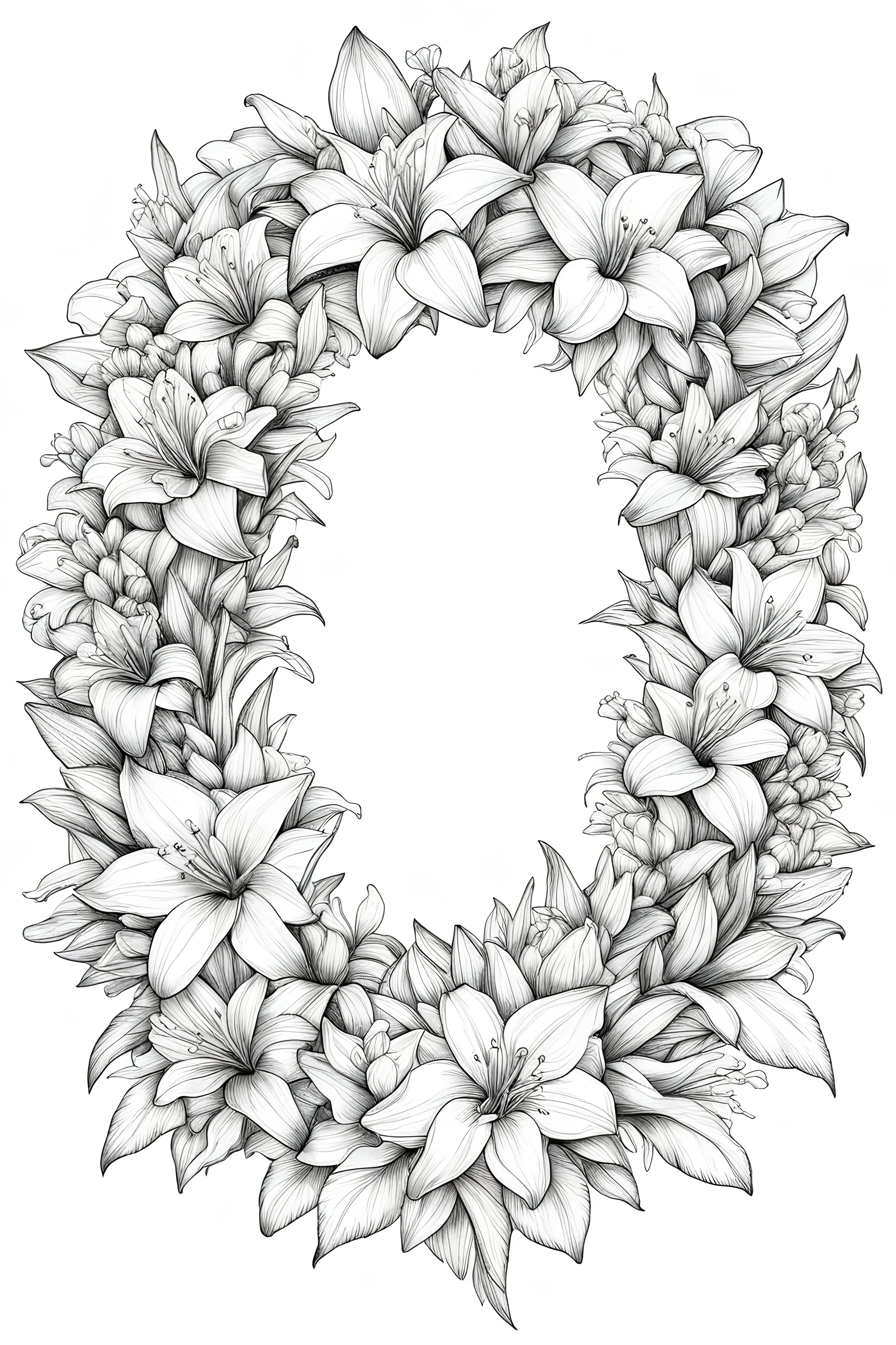 Outline art for wreath from Lily flower. Coloring pages with wreath from lily flower. white backgroud. Sketch style, full body, only use outline, clean line art, white background, no shadows and clear and well outlined. black outline, black and white only. only outline should be black everything else should be white