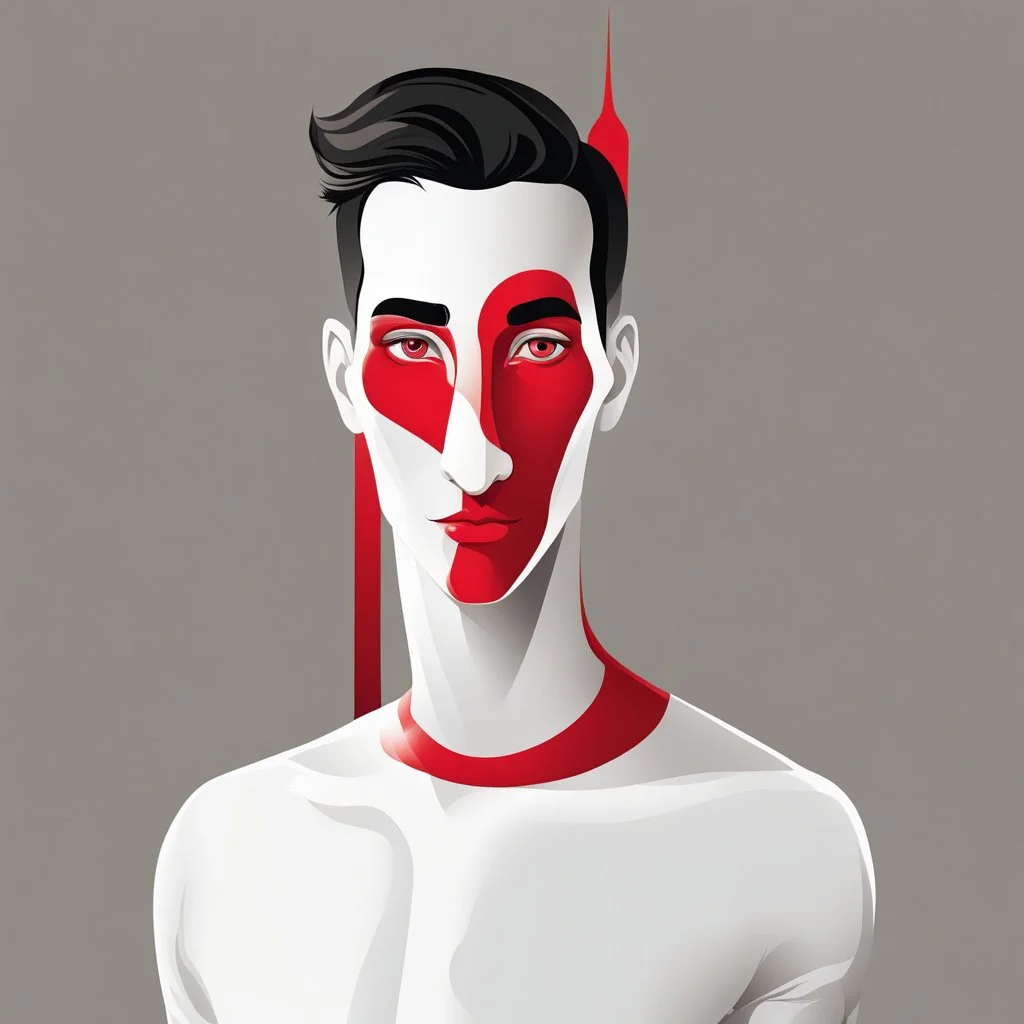 Vector illustration man with 50 centimeter long nose, white, red and black color, 3/4