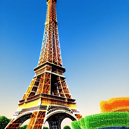 concept art, eifel tower made of candies, candy eifel tower paris, tower of candies, ultra realistic, ultra high quality, professional photography, cinematic, volumetric light, paris background, eifel tower in paris, photo