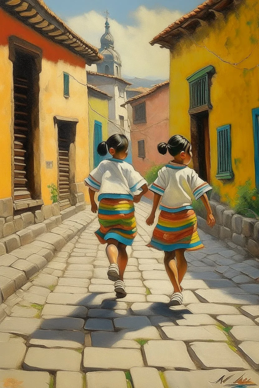 2 maxican childeren running traditional clothes painting neoclassism in a traditional mexican city from the back