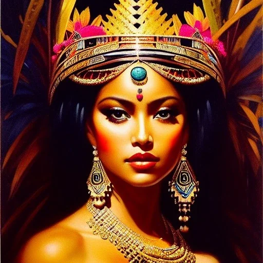 Drawing of beautiful face,busty Aztec Queen,sweet stare,aztec piramid,jungle,balanciaga fashion clothe painting by gaston bussiere, greg rutkowski, yoji shinkawa, yoshitaka amano, tsutomu nihei, donato giancola, tim hildebrandt, oil on canvas, cinematic composition, extreme detail,fit full head inside picture,16k