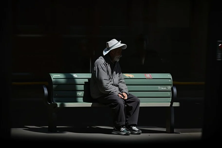 man sitting on a bench in the street