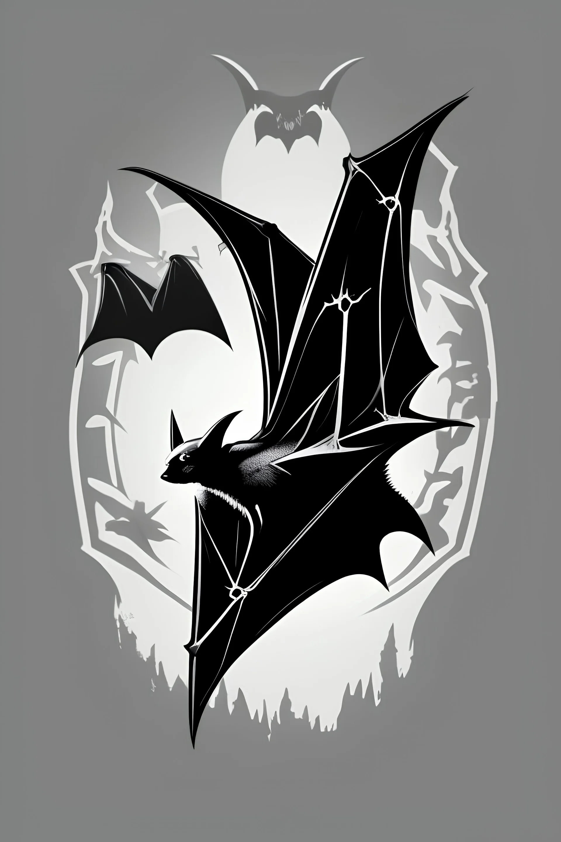 "Design a striking bat front cover logo for a T-shirt. Create a sleeker and detailed illustration of a bat in flight. Ensure it's in a PNG style with a transparent background, allowing it to seamlessly integrate with various T-shirt colors. Capture the mystique and elegance of these nocturnal creatures."