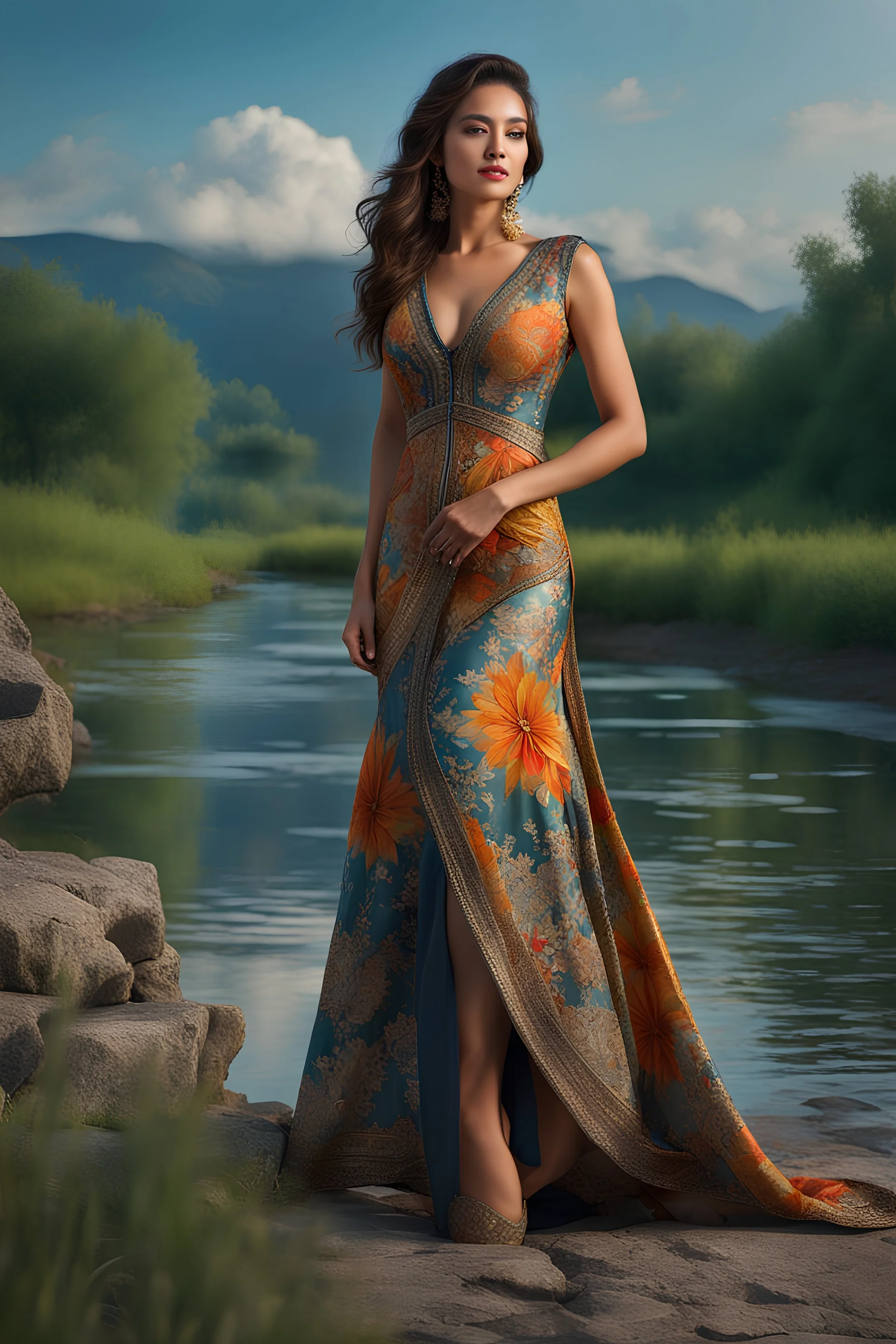 full shot body photo of the most beautiful artwork in the world featuring model, happy mood, High Detail, Sharp focus, dramatic, photo realistic, ultra sharp, ultra hd, hyper realistic, ultra realistic, ((((dress)))), trending on artstation, sharp focus, studio photo, intricate details, highly detailed, standing in nice pose in country side with river ,water fall ,rocky vally