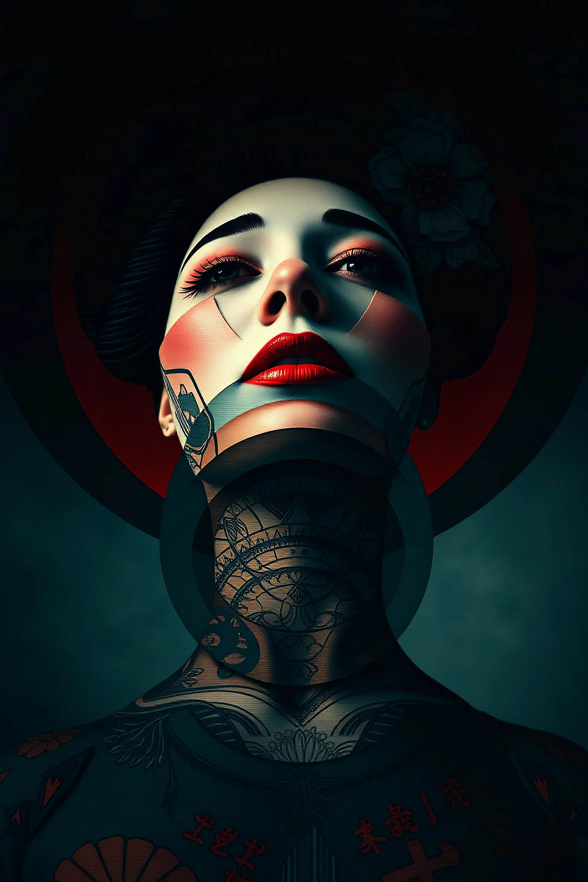 The surrealism from a wide shot, from below angle view of the full body tattooed geisha woman appears to be composed of circular layers separated by color. Each section shows a part of the face: the top layer shows the hair and eyes, the second layer the nose, the third layer the lips, the fourth layer the chin and so on, while the bottom shows the various layers of the body, using a severe glitch effect. Surrealist background of alien darkness with absurd elements.