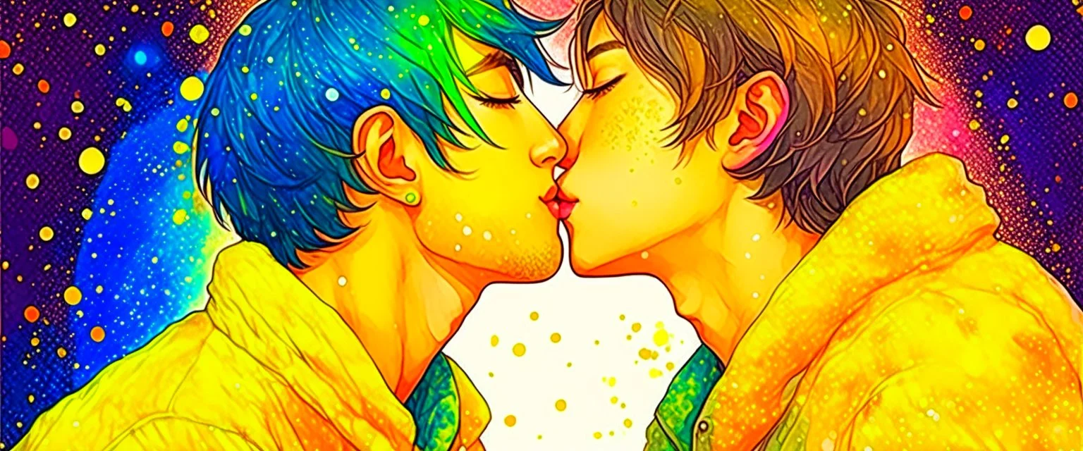 portrait anime man kissing man, ,yellow, stars hearts water, blue, watercolor, Yoshikata Amano, Edwin Landseer, Ismail Inceoglu, Russ Mills, Victo Ngai, Bella Kotak, hyperdetailed 8K resolution HDR DSLR, ultra detailed, ultra quality, CGSociety, intricately detailed, color depth, gliter, kiss