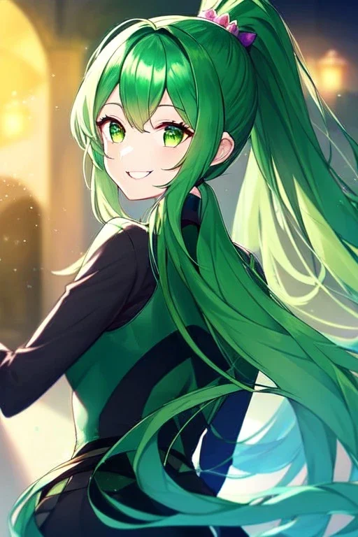 girl, masterpiece, best quality, cinematic lighting, detailed outfit, vibrant colors, perfect eyes, green hair, green eyes, long hair, laughing, ponytail, looking back, black stockings,