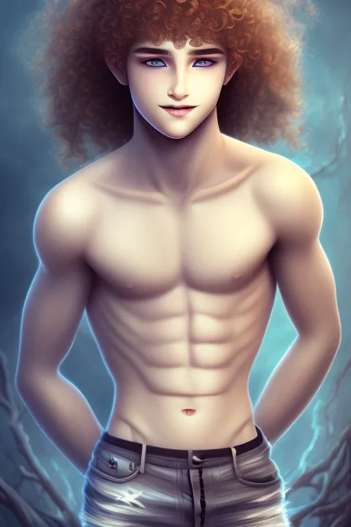 beautiful 12 year old arabic boy with long, blonde curly hair and light blue eyes, smiling, shirtless, bitten by a vampire