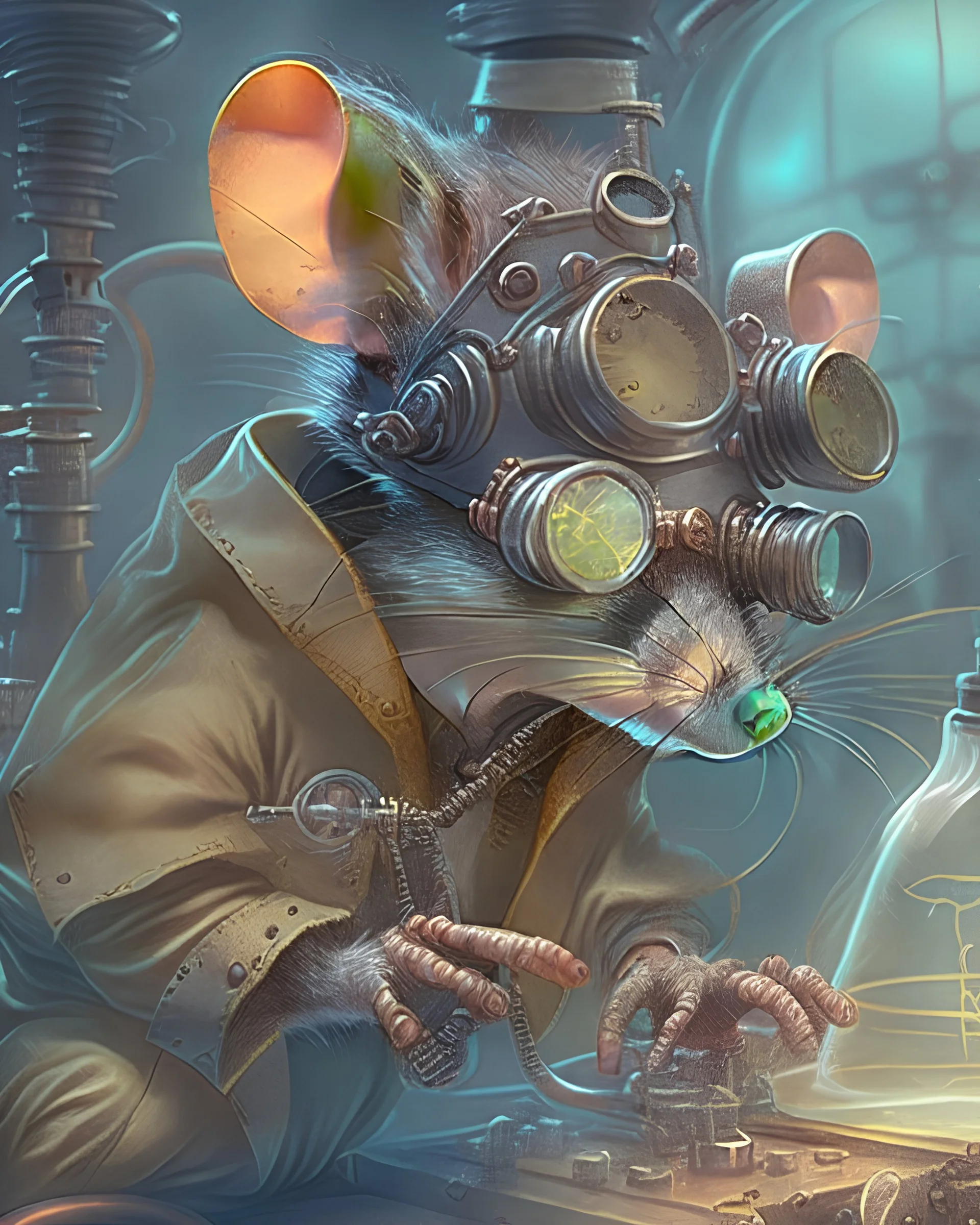 Scientist mouse wearing goggles working in a laboratory. Steampunk,atompunk, shading to create depth, science fiction