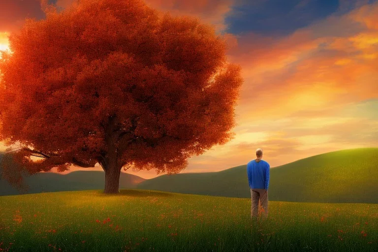 One Oak tree,on a valley,blue deep sky, Colourful meadow,and a man in red staring at the sunset,details,texture,8k quality, 100 meters snapshot, Expressionism