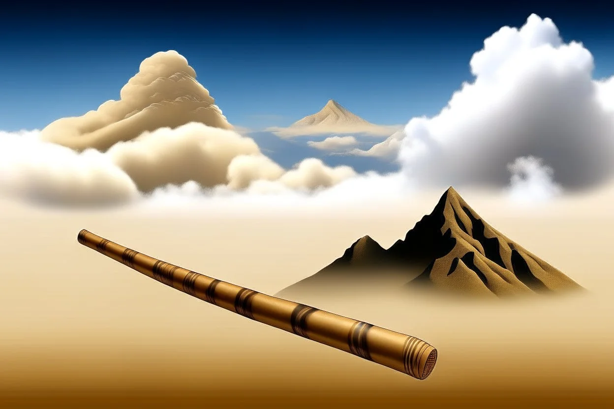 A beige mountain in the clouds with African pan flutes designed in cave paintings