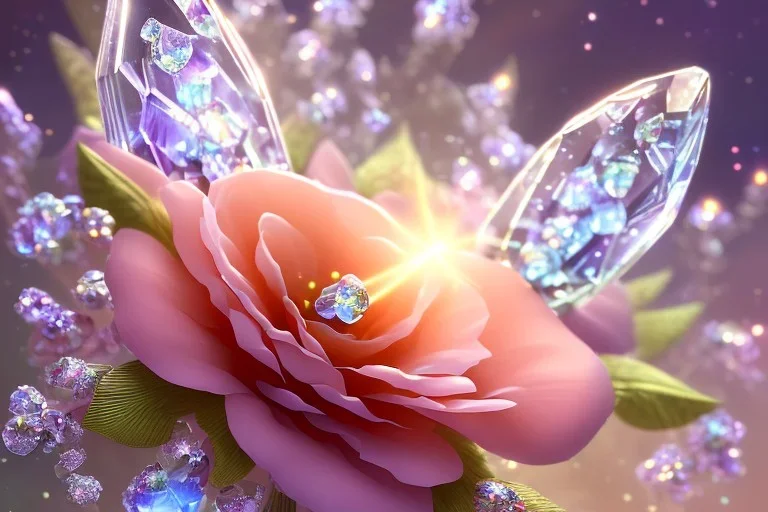 one big crystal subtle flower in a galactic ambiance, transparent petals, delicate colors, in the foreground, with a very little beautiful fairy, full of details, smooth, bright sunshine，soft light atmosphere, light effect，vaporwave colorful, concept art, smooth, extremely sharp detail, finely tuned detail, ultra high definition, 8 k, unreal engine 5, ultra sharp focus